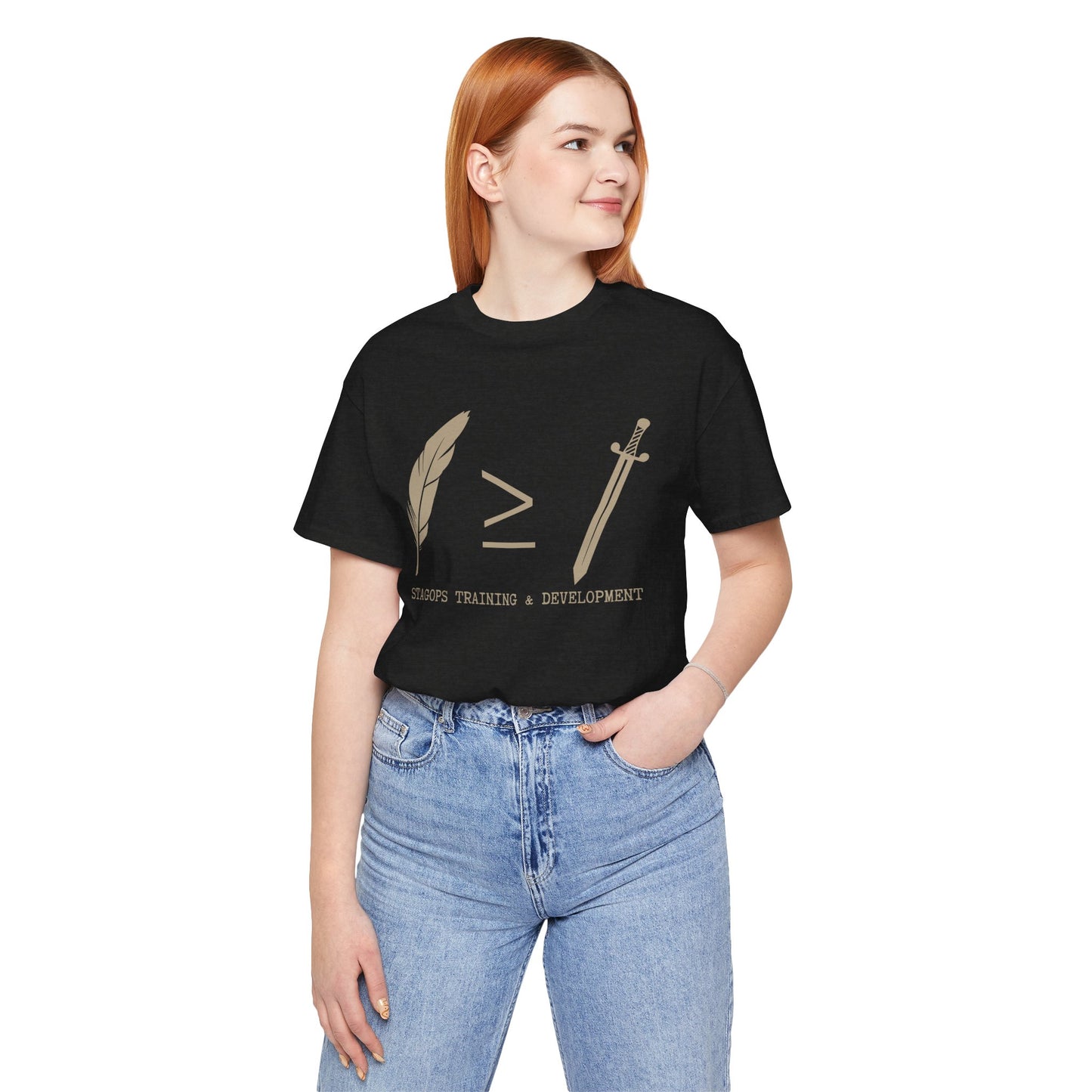 STAGOPS TRAINING & DEVELOPMENT (Pen > Sword) Tee- Green text version